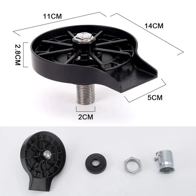Black kitchen sink cup washer with dimensions and included mounting parts for easy installation