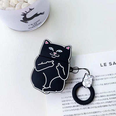 Black cartoon cat AirPods case with playful design and keyring attached on white surface