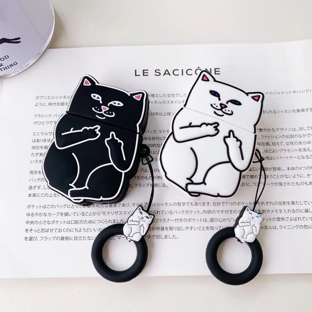 Cartoon cat AirPods case in black and white with playful cat design and attached ring holder