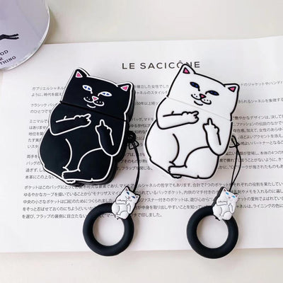 Cartoon cat AirPods case in black and white with playful cat design and attached ring holder