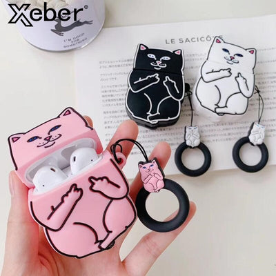 Cartoon cat AirPods case in pink black and white colors with attached keyring holder