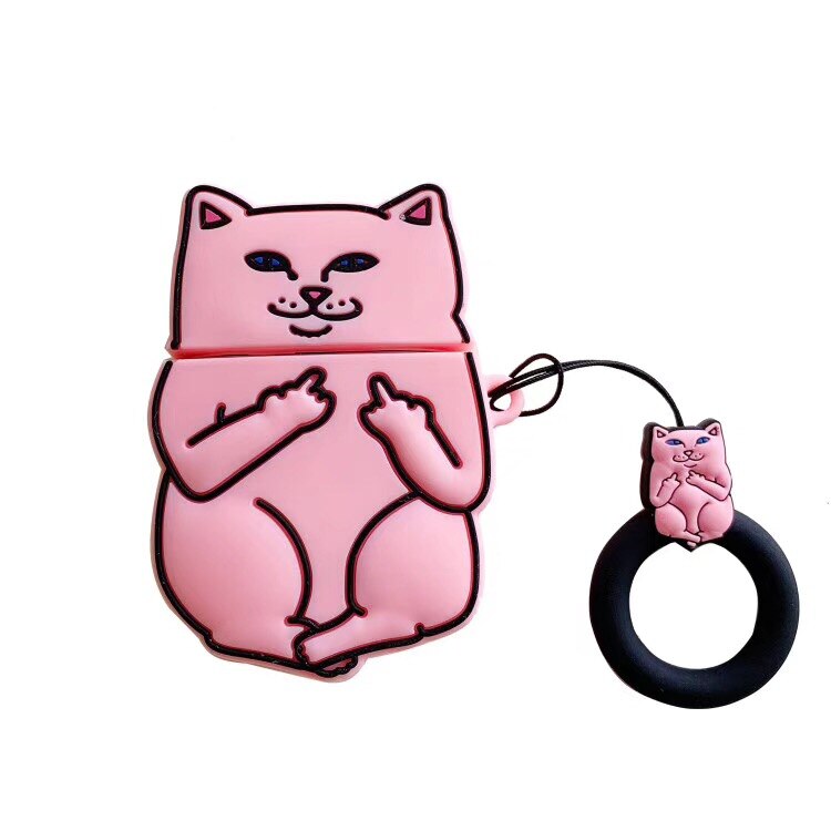 Pink cartoon cat AirPods case with cat figure and black ring keychain accessory