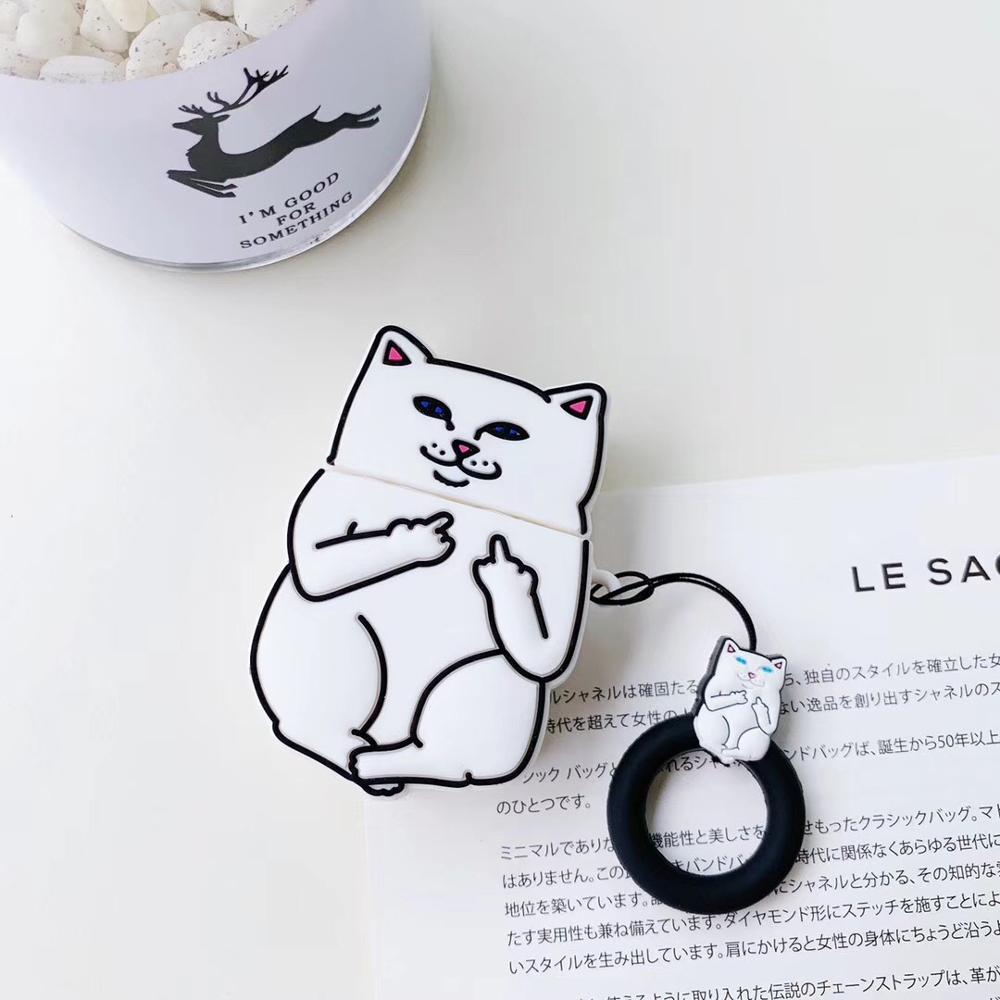 White cartoon cat AirPods case showing middle finger gesture with keychain ring accessory
